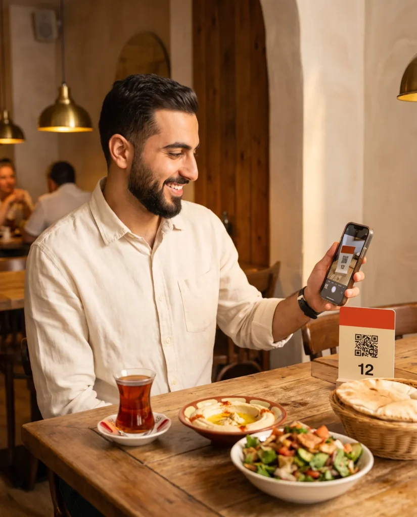 زبون مبتسم في مطعم شامي يمسح رمز QR على ستيكر الطاولة 12 بهاتفه، وأمامه حمّص وفتّوش وشاي